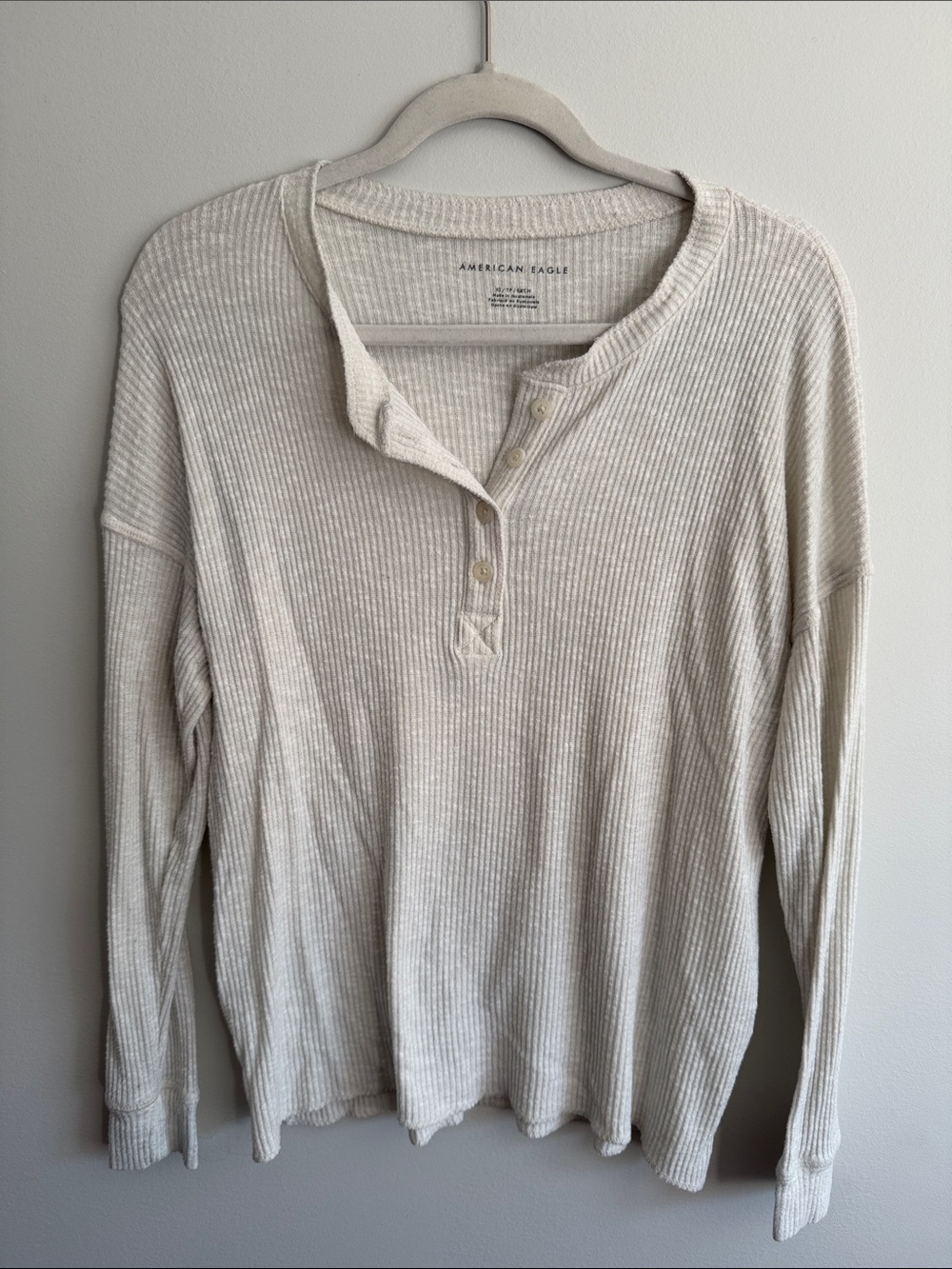 American Eagle Outfitters Cream Ribbed Henley Long Sleeve Top